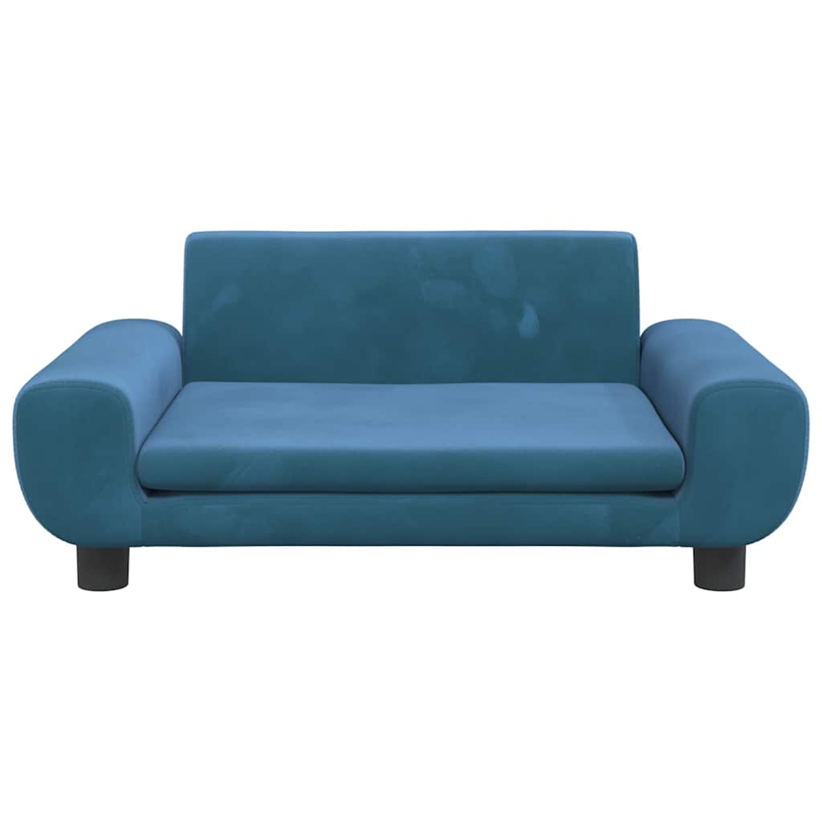 Ein blauer Zweisitzer-Sofa mit runden Armlehnen und schwarzen Füßen.