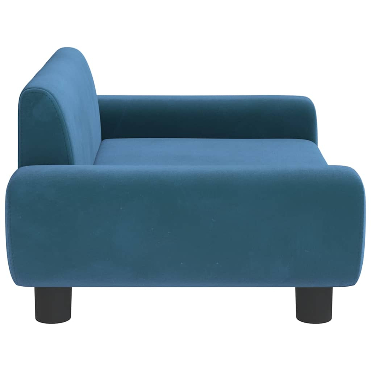Ein blauer Sessel mit abgerundeten Armlehnen und schwarzen Füßen.