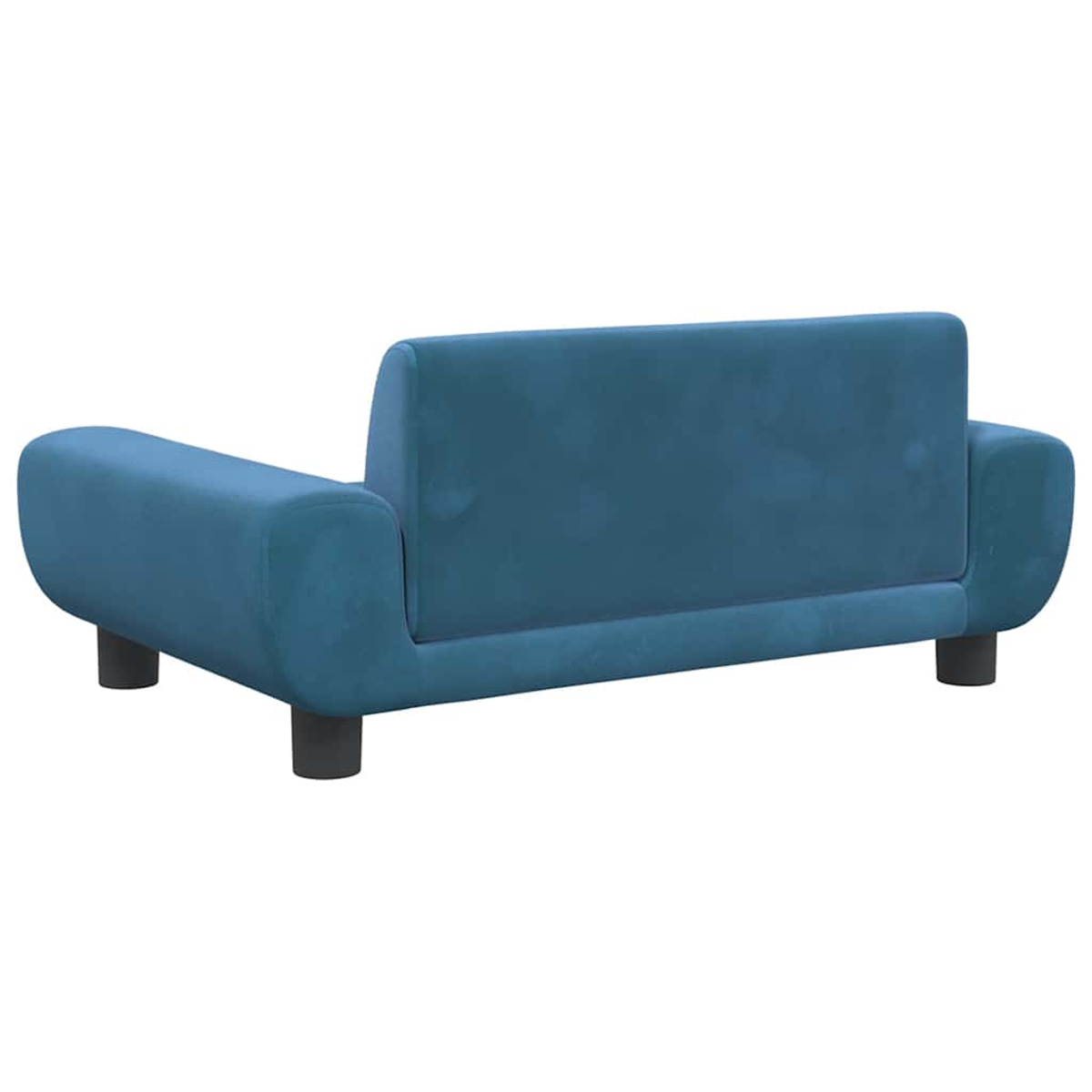 Ein blauer Zweisitzer-Sofa mit abgerundeten Armlehnen und kurzen schwarzen Füßen.