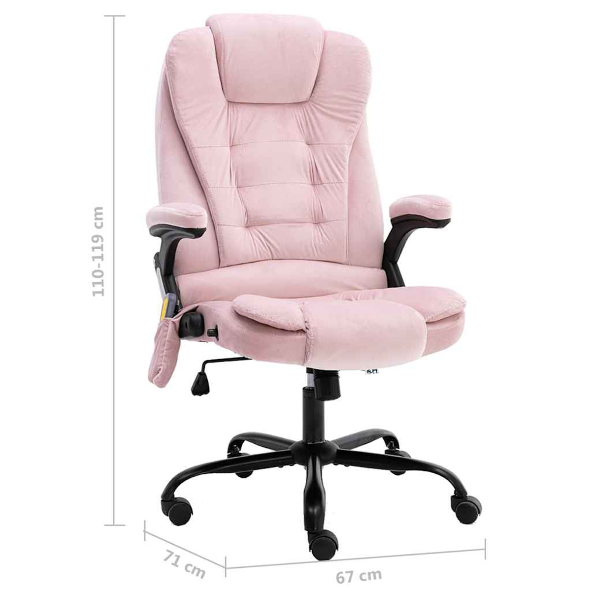 Ein rosa Bürostuhl mit verstellbarer Rückenlehne und Fußstütze auf schwarzem Rollfuß.