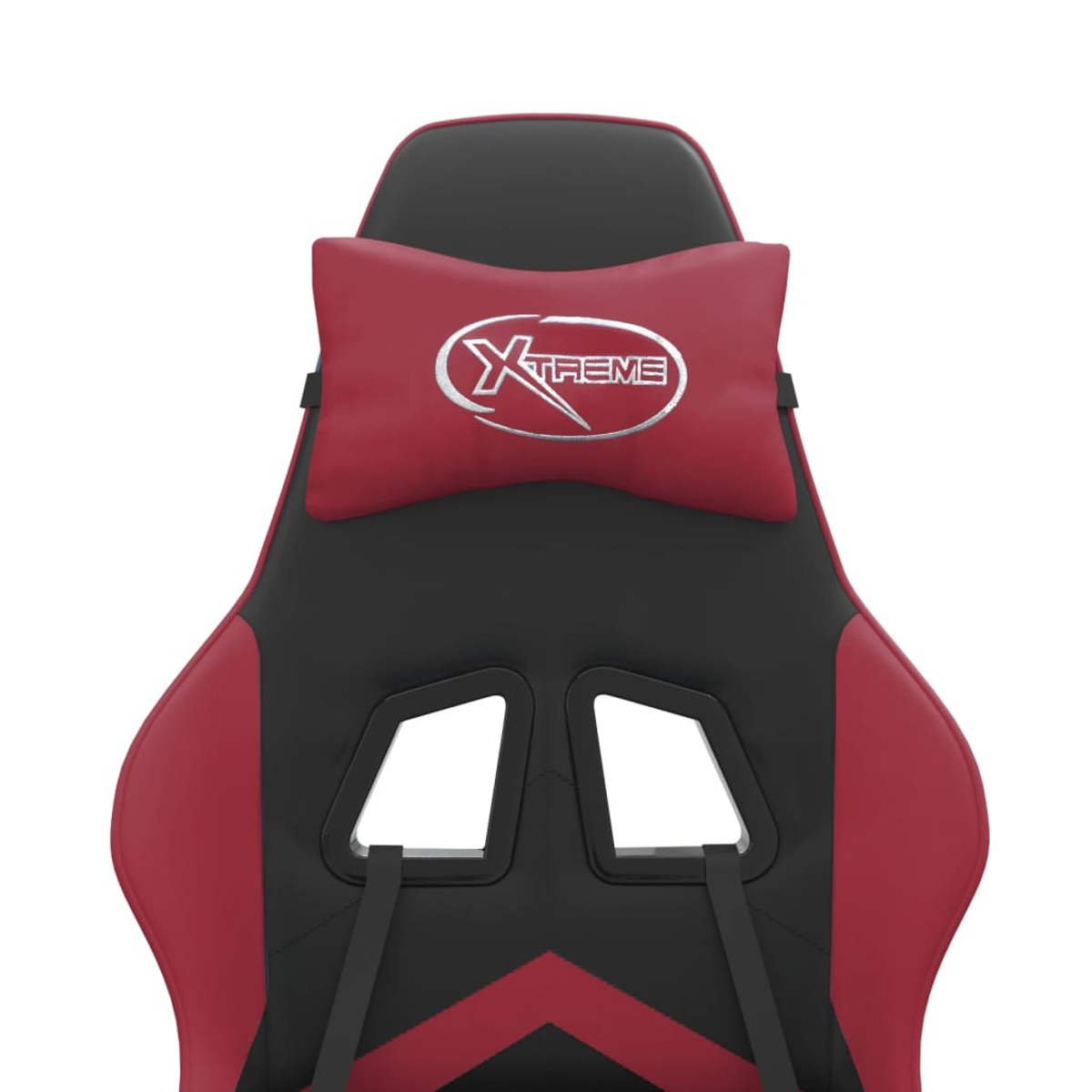 Rückenlehne eines rot-schwarzen Gaming-Stuhls mit rotem Nackenkissen und Xtreme-Logo.