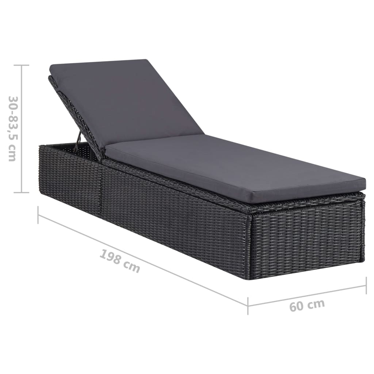 Ein dunkler Rattansessel mit verstellbarer Rückenlehne und grauer Polsterung.