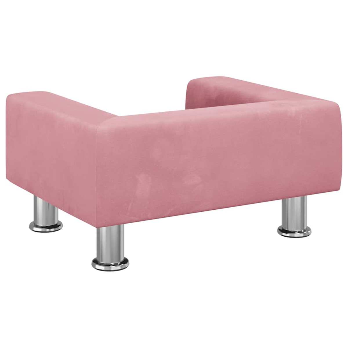 Ein rosa Sessel mit vier silbernen Metallfüßen.