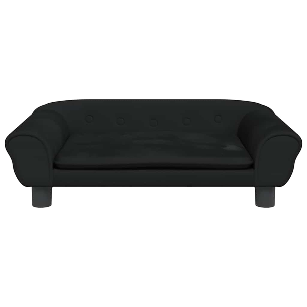 Ein schwarzes Sofa mit Knopfpolsterung und runden Füßen.