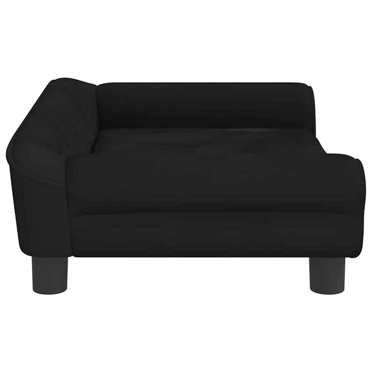 Schwarzes Ecksofa mit runden dunklen Füßen, auf weißem Hintergrund.