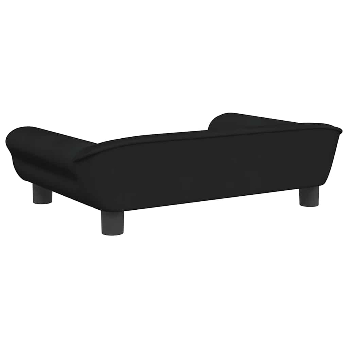 Ein schwarzes Sofa mit geschwungenen Armlehnen und vier kurzen Beinen.