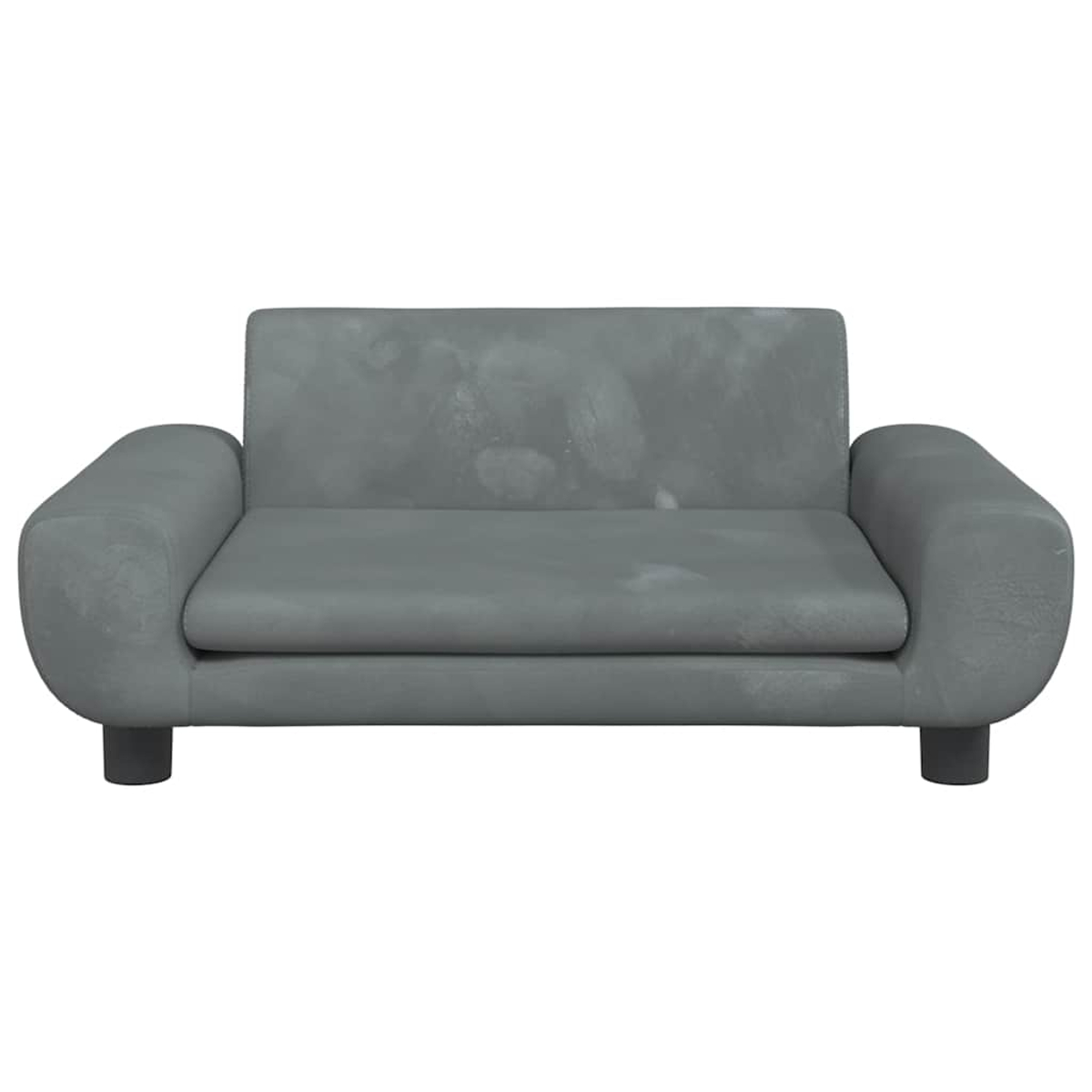 Grauer Zweisitzer-Sofa mit abgerundeten Armlehnen und dunklen Füßen.