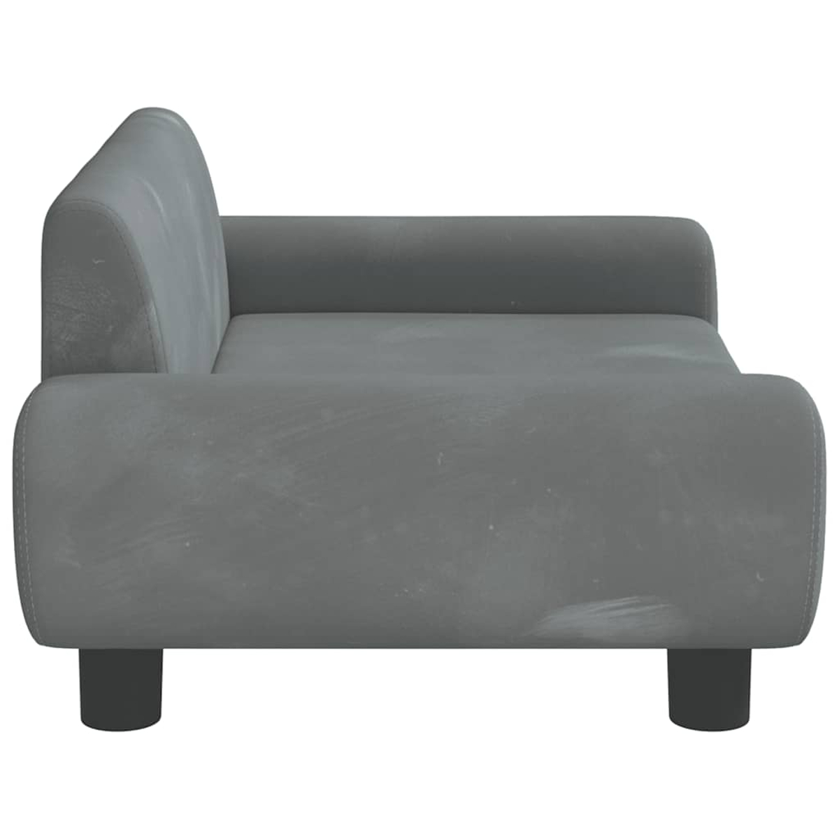 Graues Sofa mit Armlehne und Rückenlehne, auf schwarzen Füßen.