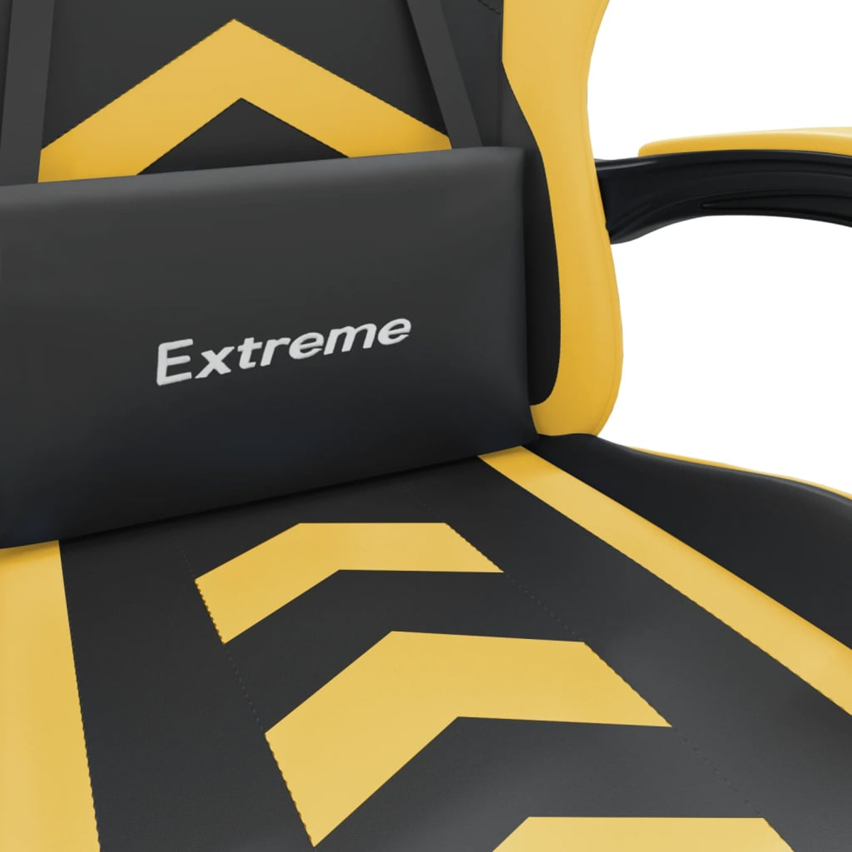 Ein schwarzer Gaming-Stuhl mit gelben Chevron-Mustern und einem Nackenkissen.