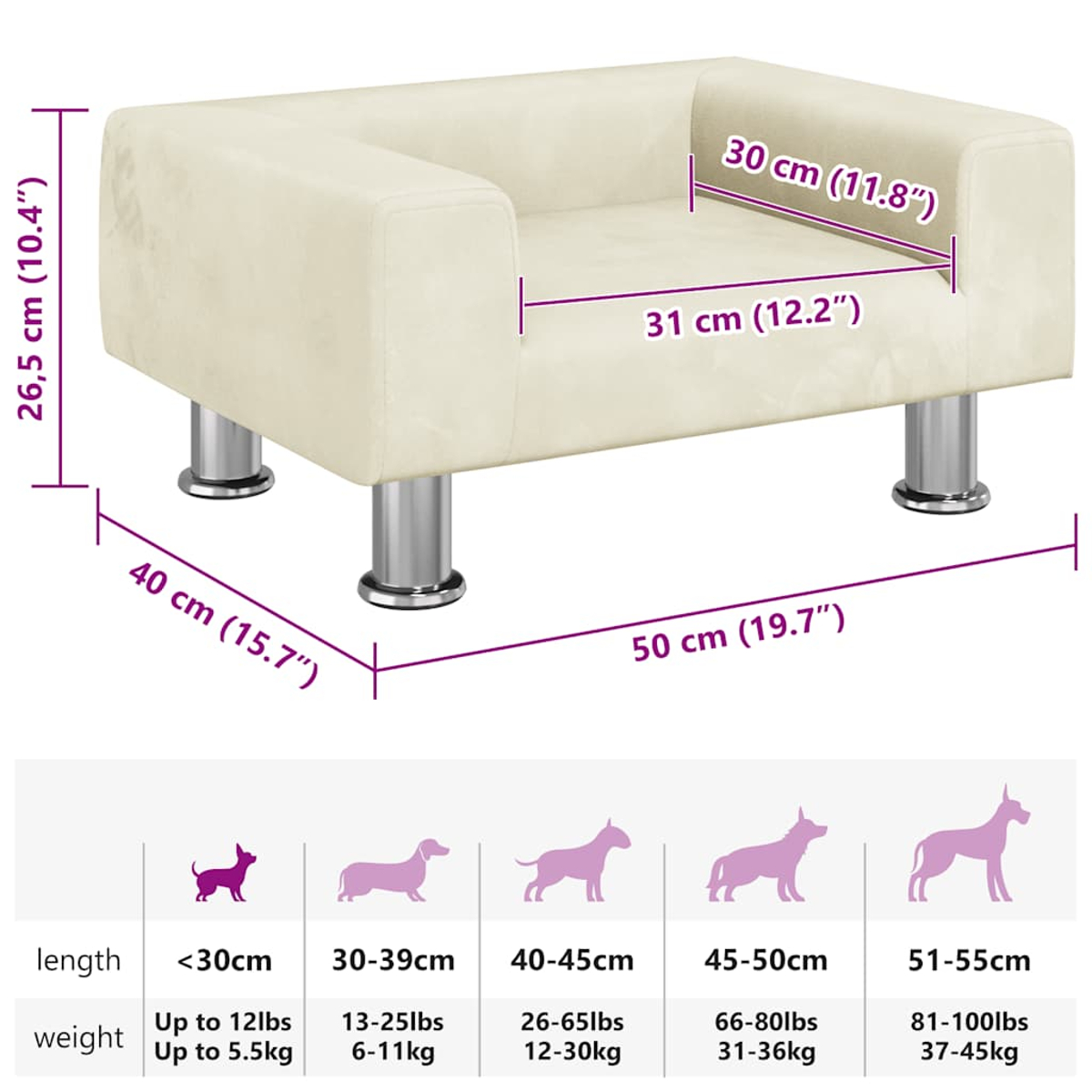 Ein cremefarbenes Hundebett mit Maßen und Größenführer.