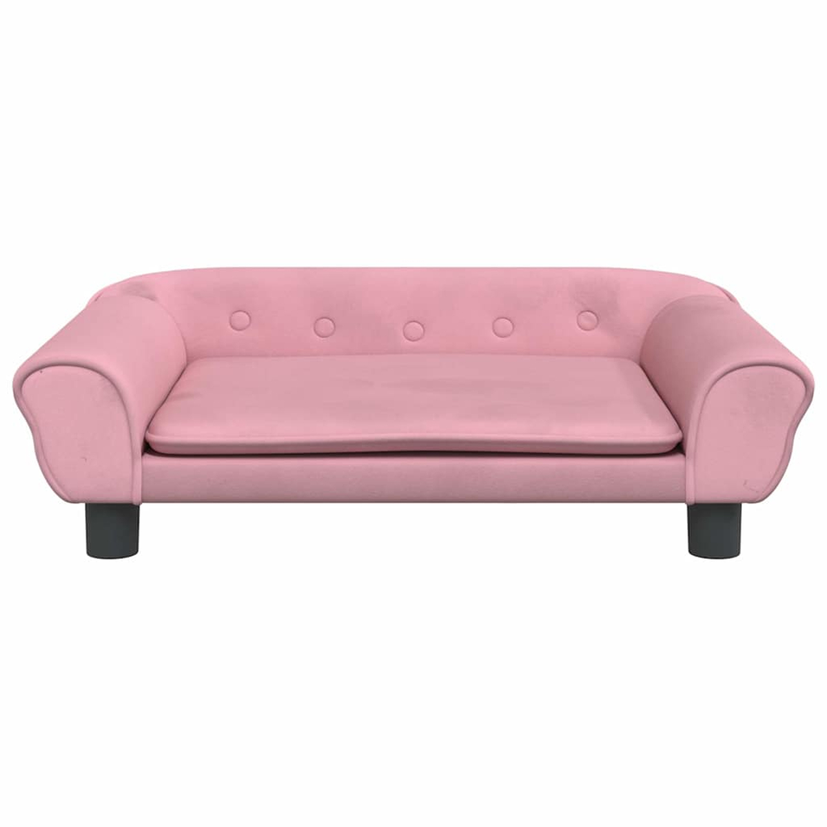 Ein rosa Hundesofa mit Knopfpolsterung und dunklen Füßen.