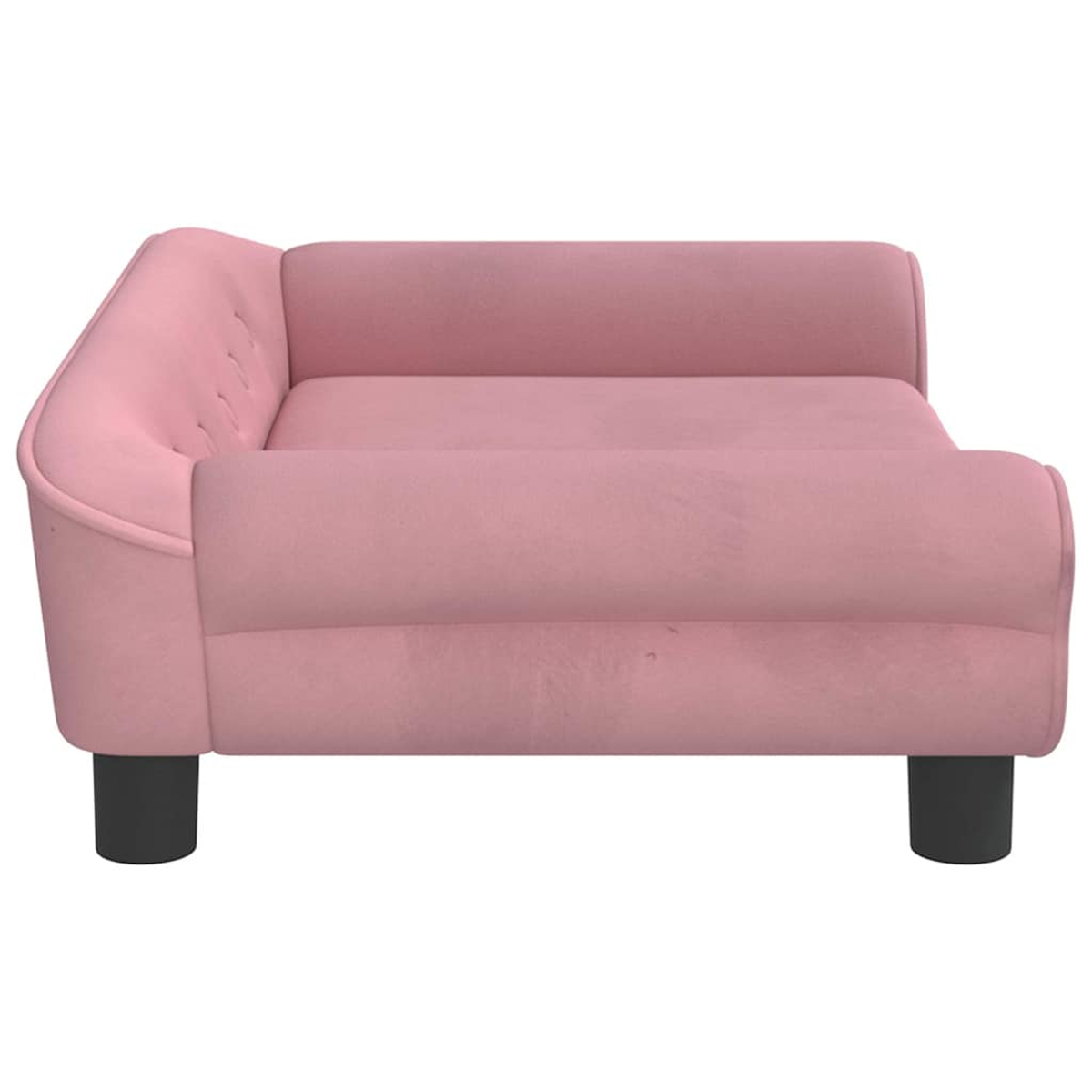 Ein rosa Ecksofa mit schwarzen Füßen, aus Samt.