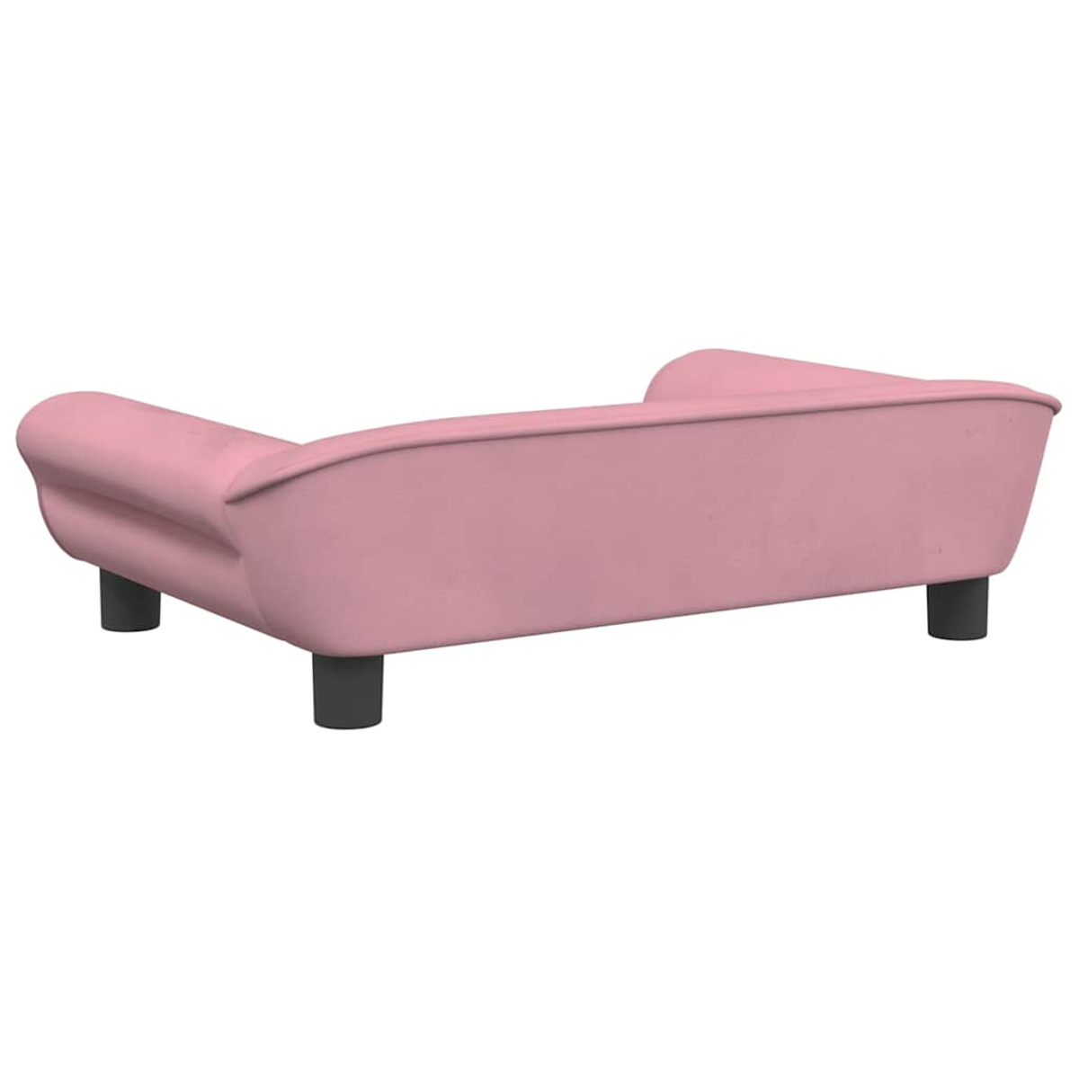 Ein rosa Hundebett mit vier dunklen Beinen.