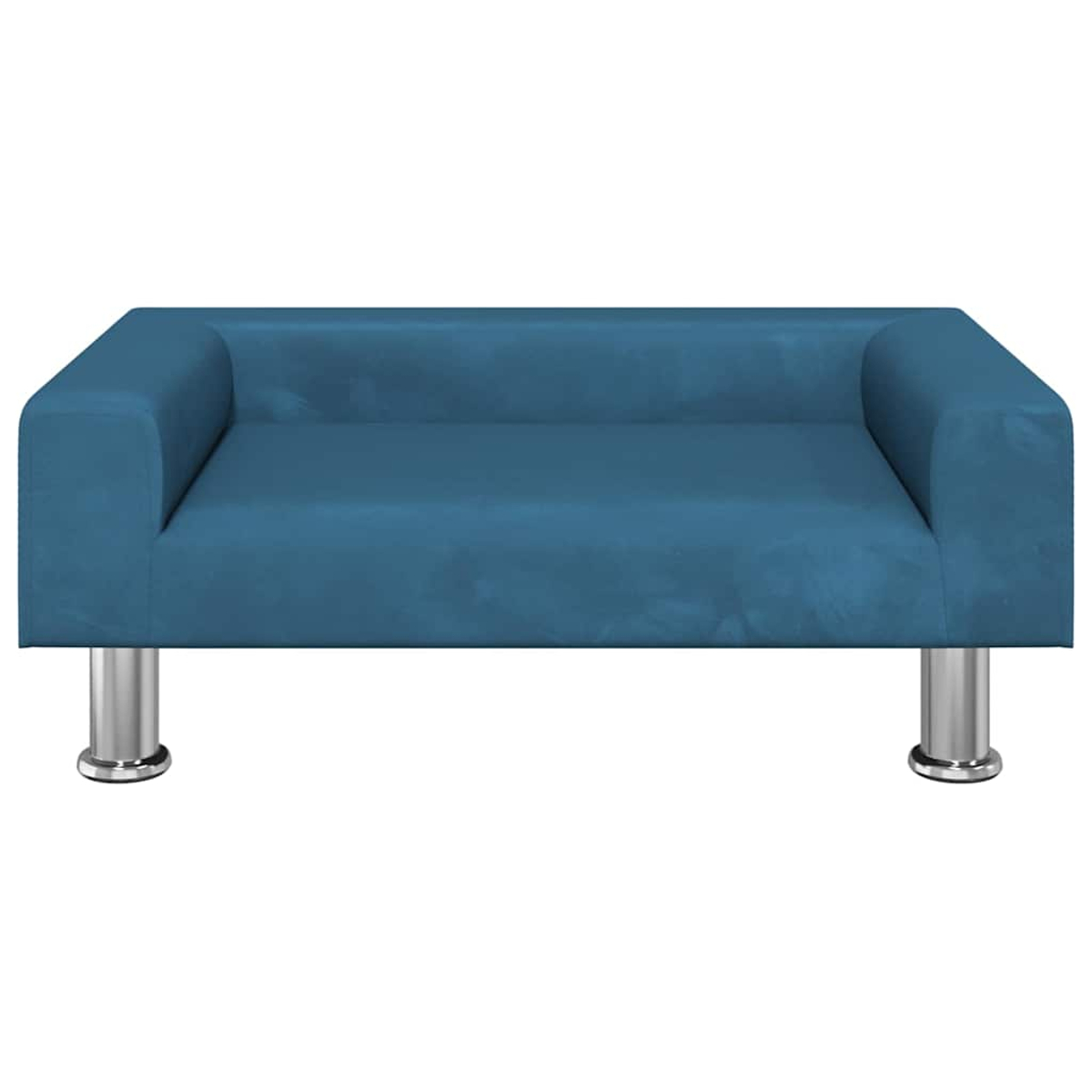 Ein blauer, moderner Zweisitzer-Sofa auf glänzenden Metallfüßen.