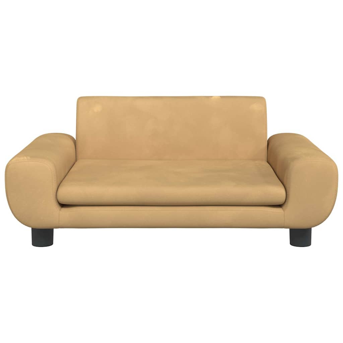Ein hellbrauner zweisitziger Sofa mit abgerundeten Armlehnen und schwarzen Füßen.