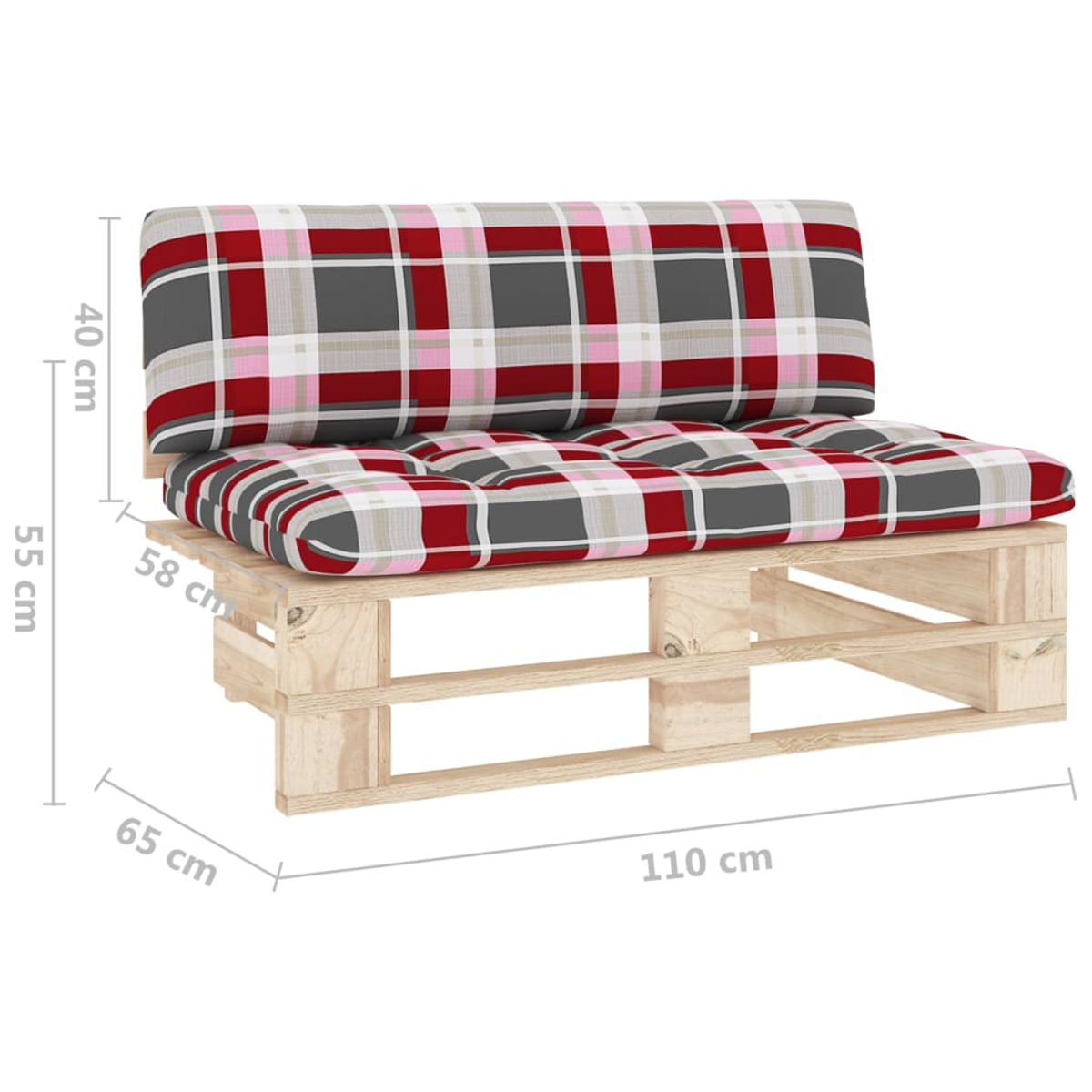 Eine Palettenbank aus Holz mit rot, grau und pink karierten Polstern. Maße angegeben.