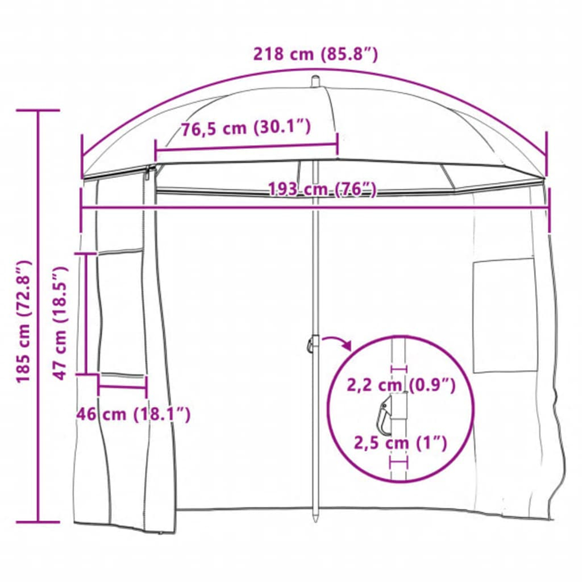 Eine schematische Zeichnung eines Pavillons mit Maßen.