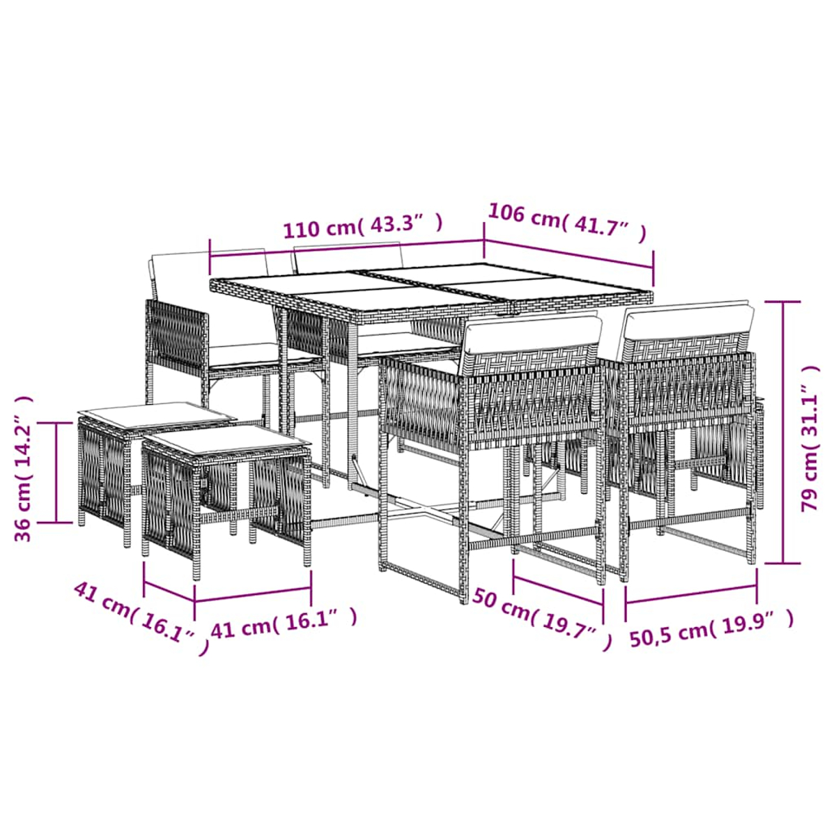Set da pranzo in vimini con tavolo, sedie e sgabelli, con dimensioni.