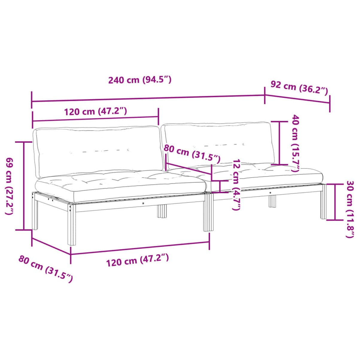 Zeichnung eines Sofas mit Maßen. Gesamtbreite 240 cm, Höhe 69 cm.