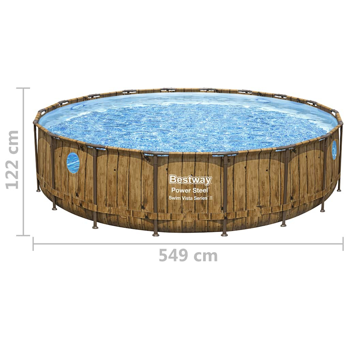 Een ronde Bestway zwembad met houtlook, 549 cm breed en 122 cm hoog.