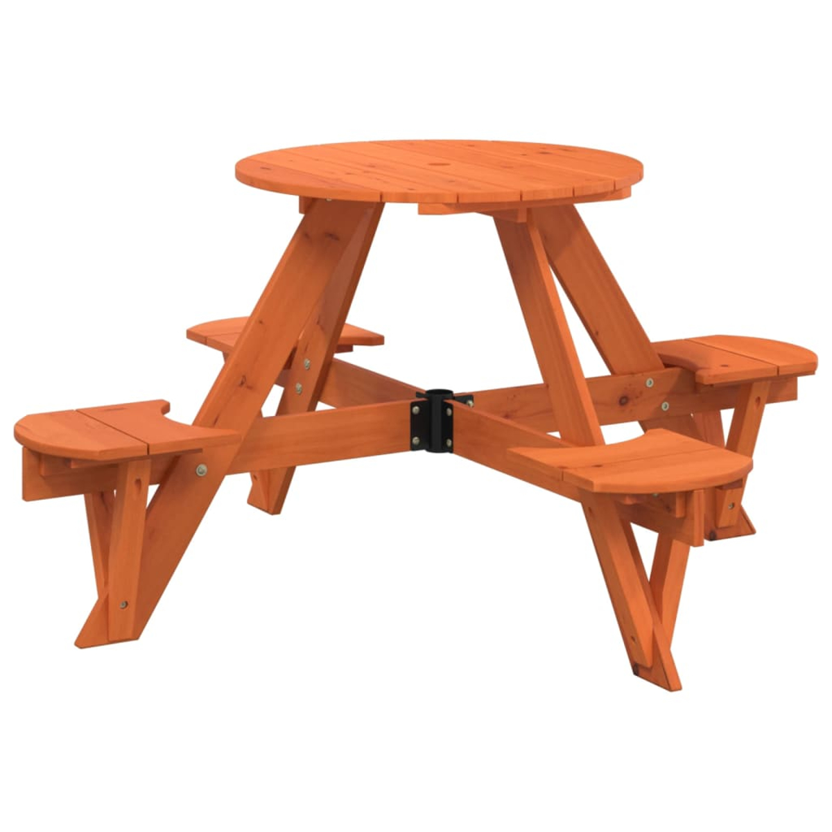 Holz-Picknicktisch mit runder Platte und integrierten Bänken, orangefarben.