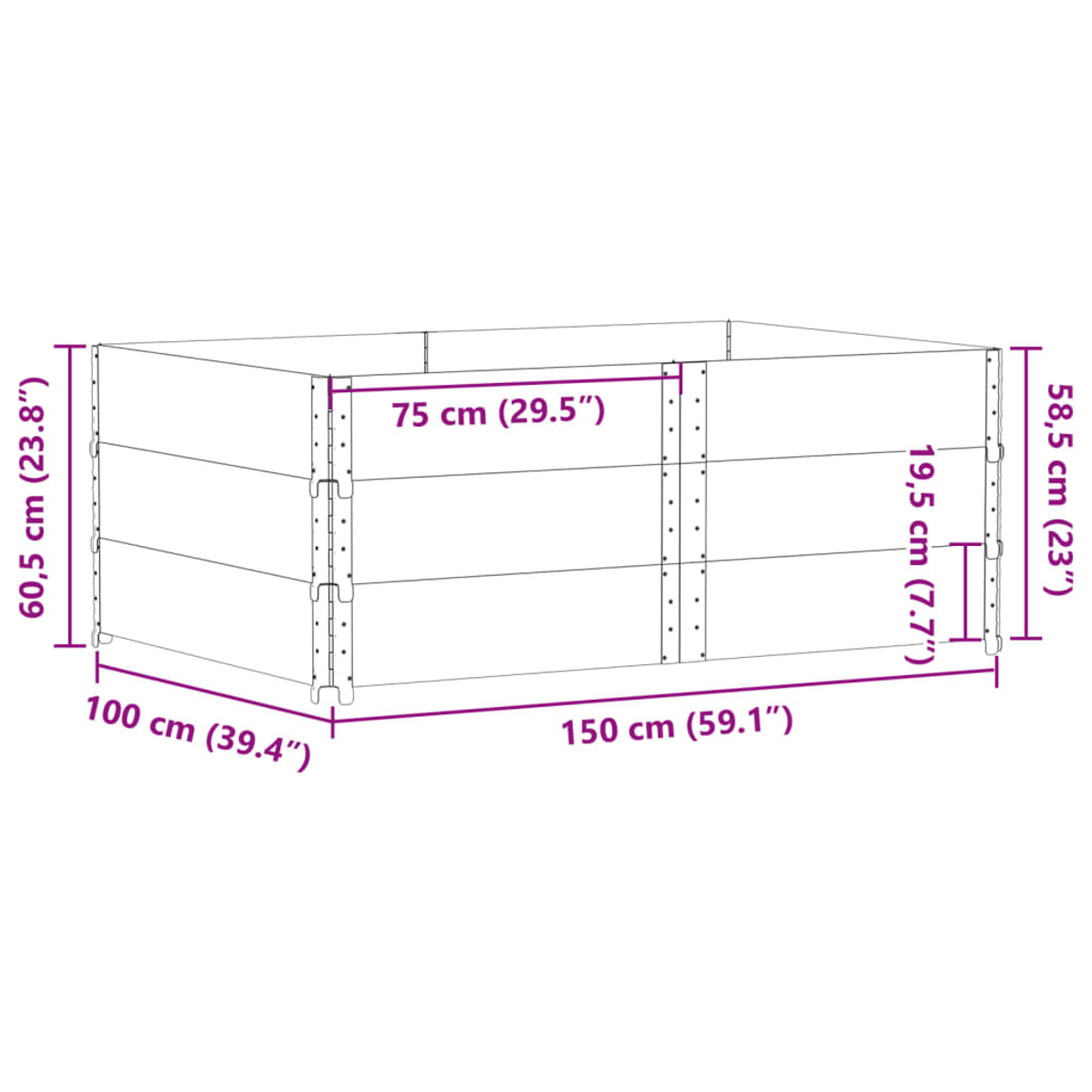 Un kit di aiuola rialzata rettangolare con dimensioni metriche e in pollici.