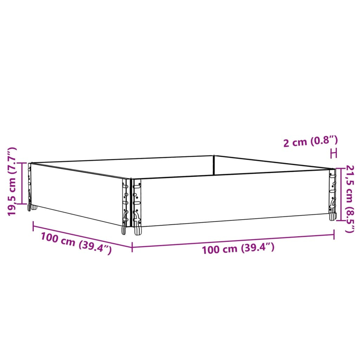 Kit aiuola rialzata quadrata 100x100cm, altezze 19.5cm e 21.5cm.