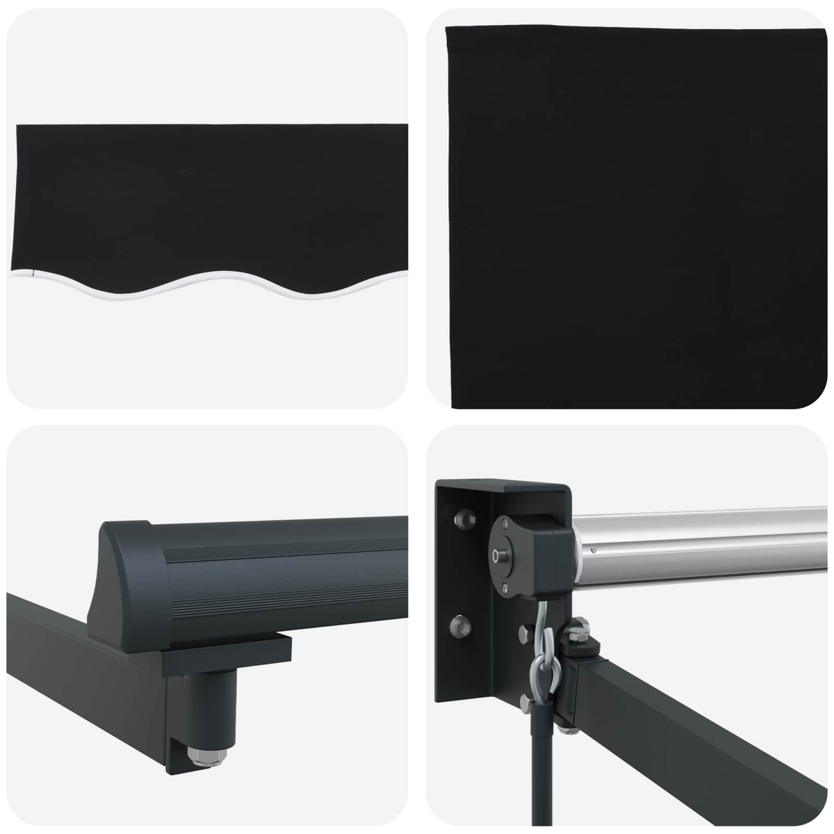 Ein ausfahrbarer Markisenstoff in Schwarz mit wellenförmigem Saum und Montagebeschlägen.