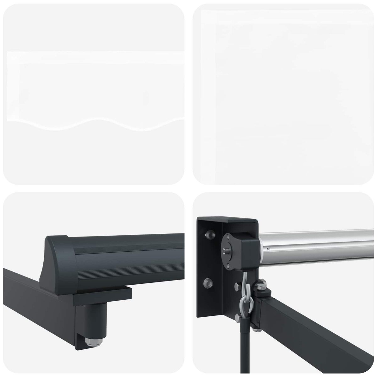 Nahaufnahme eines dunklen Markisenarms mit silberner Stange und Metallhalterung.