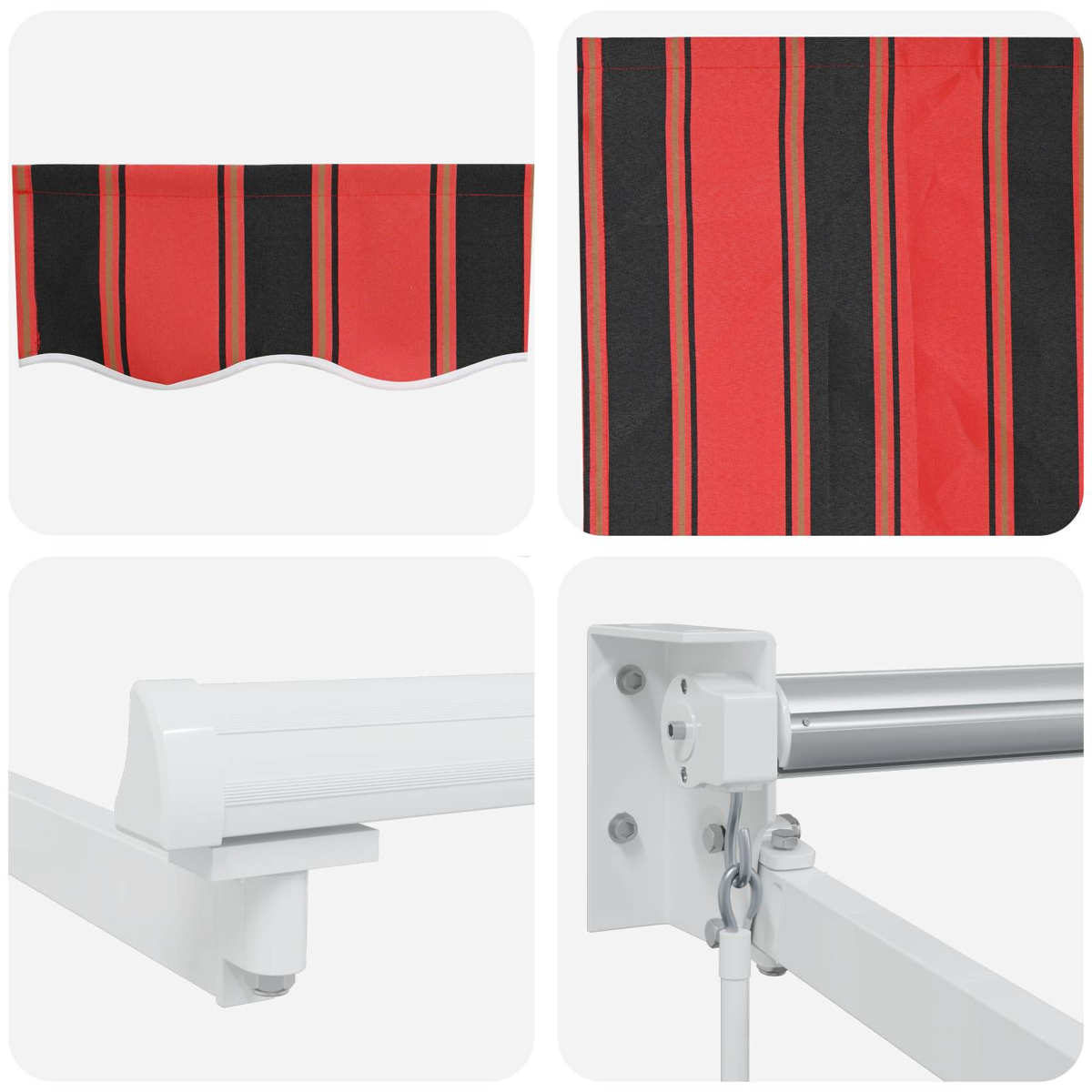 Rotes und schwarzes Streifenmuster auf Markisenstoff, weiße Halterung mit Metallteilen.