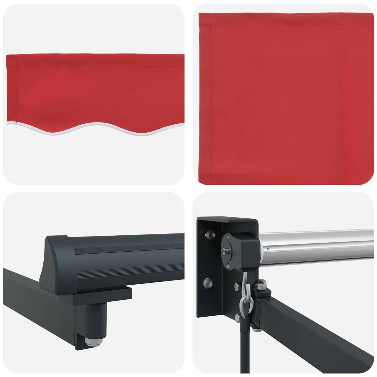 Collage aus rotem Markisenstoff und seiner Metallträgerstruktur.