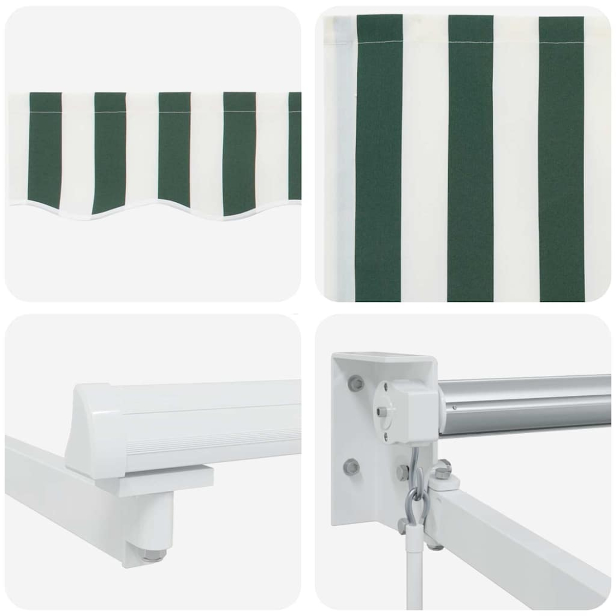 Markise mit grünen und weißen Streifen und ausfahrbarem Metallarm.