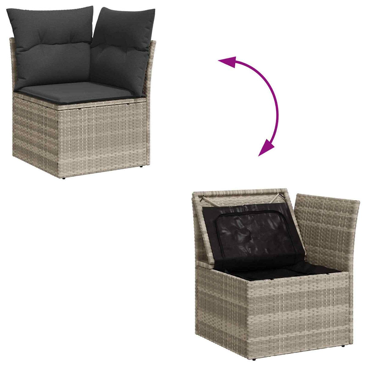 Ein Eckmodul aus Rattan mit grauen Kissen, offen zur Aufbewahrung.