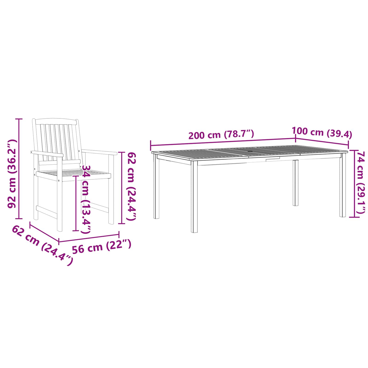 Gartenstuhl und Tisch mit Maßen: Stuhl 92x62x56cm, Tisch 200x100x74cm.
