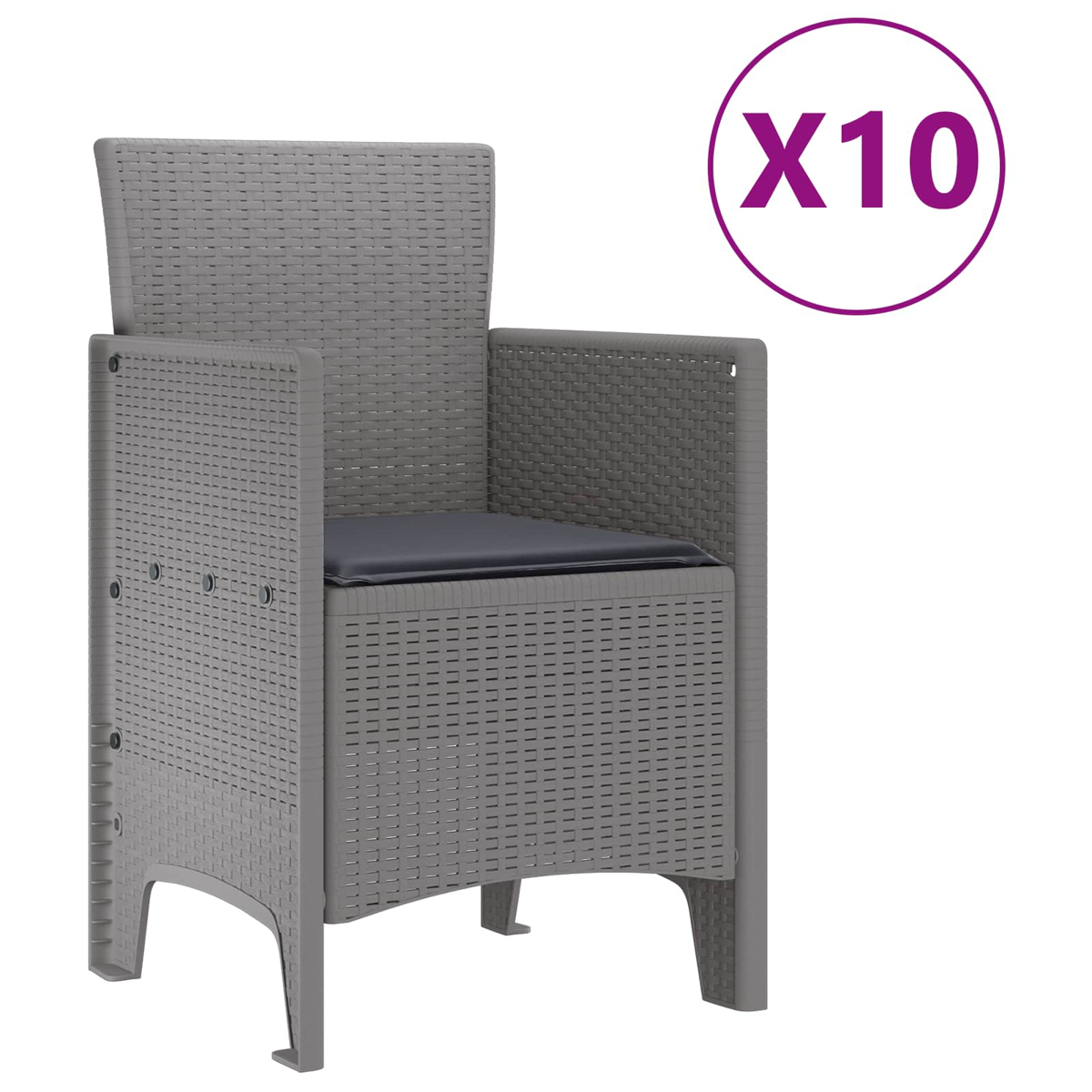Grauer Rattanstuhl mit Kissen und Aufdruck 'X10'.