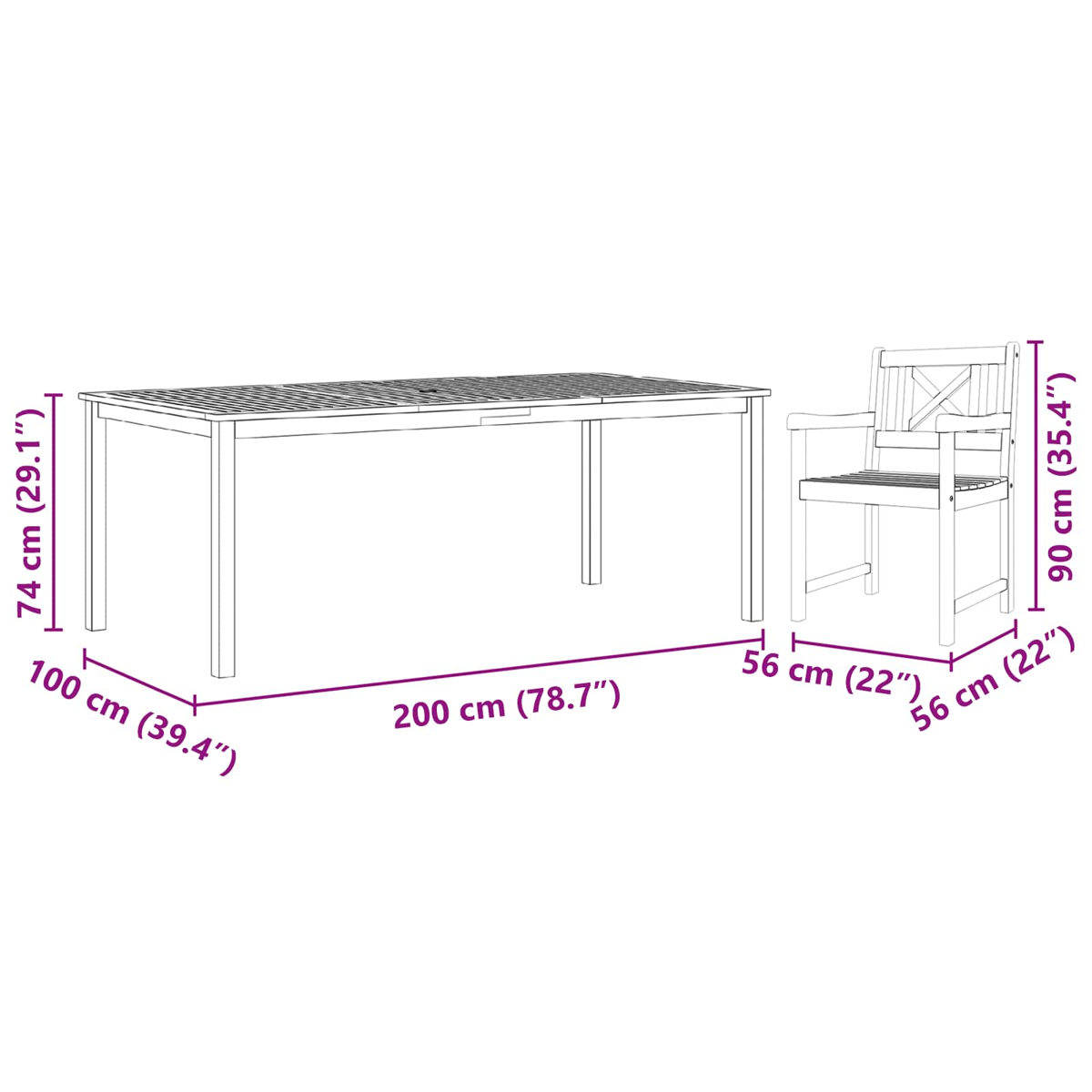 Gartenmöbel: 200cm Tisch (H74xW100cm) und Stuhl (H90xW56cm).