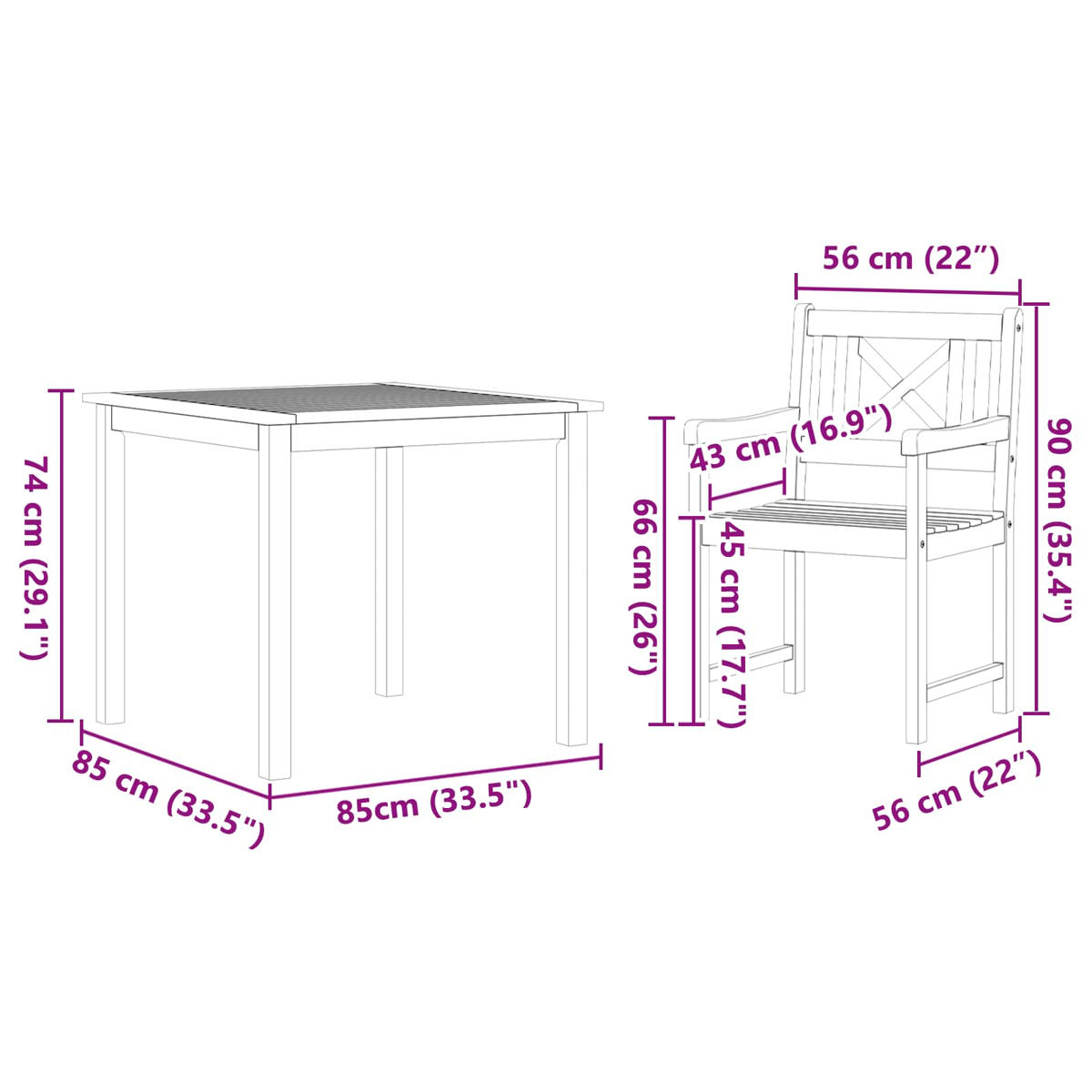 Ein Holztisch und ein Stuhl mit Maßen, die in Zentimetern und Zoll angegeben sind.