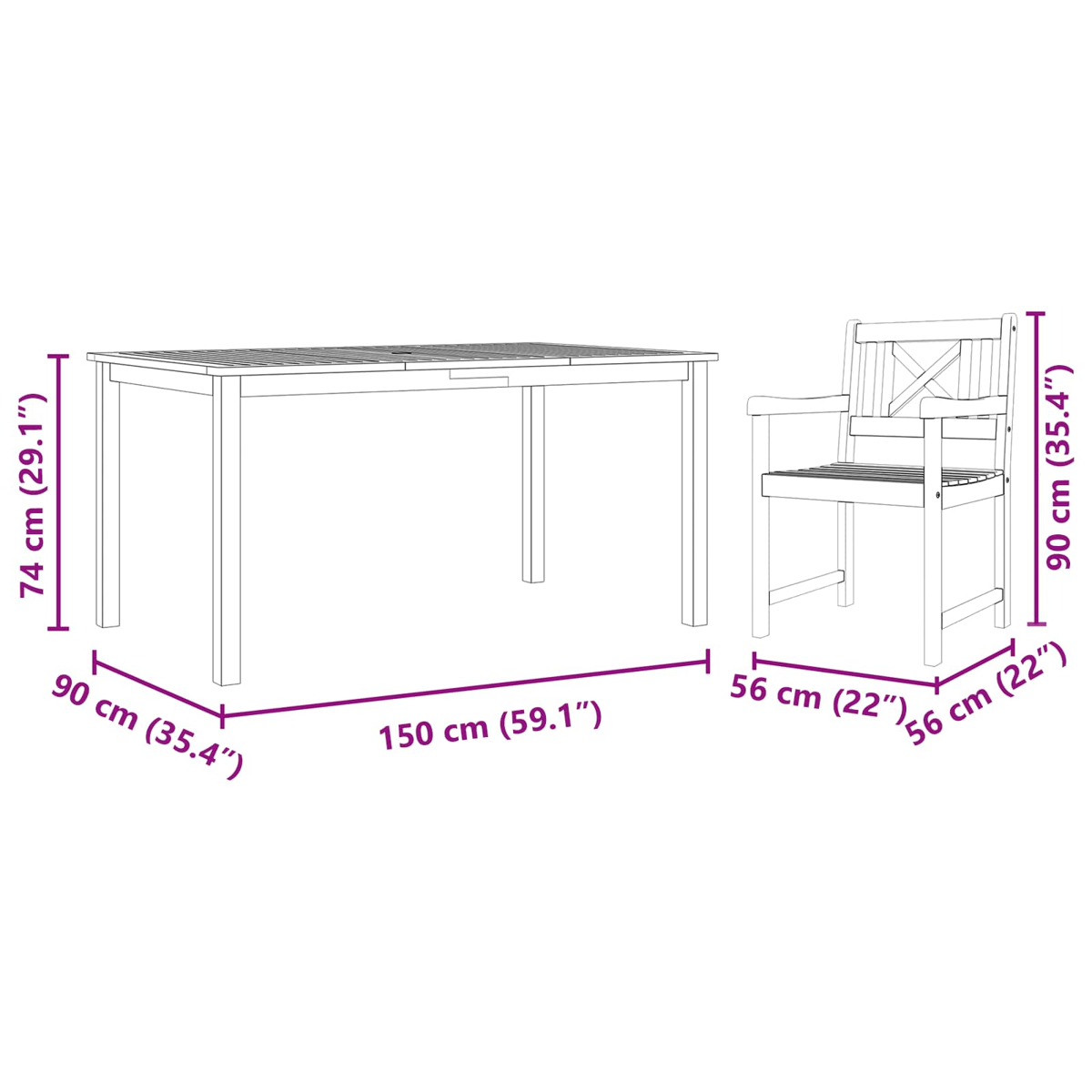 Holztisch (150x90x74cm) und Stuhl (56x56x90cm) mit Maßen.
