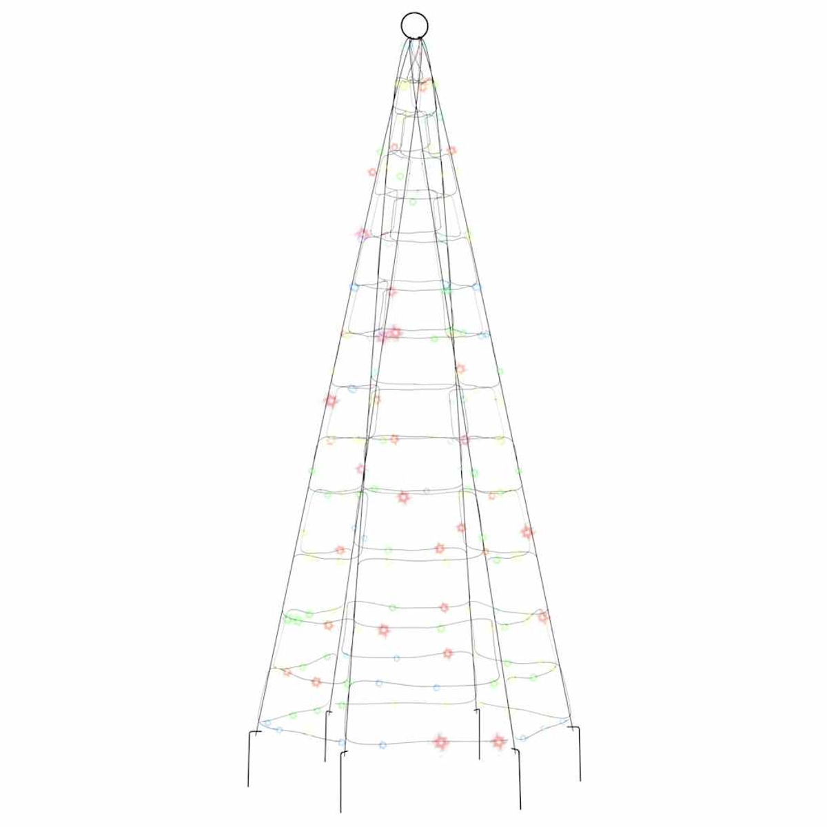 Ein konischer Weihnachtsbaum-Rahmen mit bunten Lichtern.