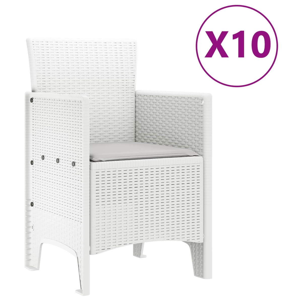 Ein weißer Rattanstuhl mit grauem Kissen und einem lila Kreis mit X10.
