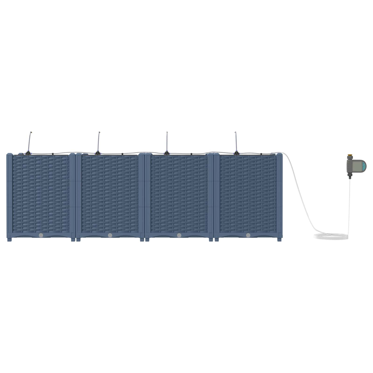 Blaue Korbgeflecht-Module mit Bewässerungsschläuchen und Zeitschaltuhr.