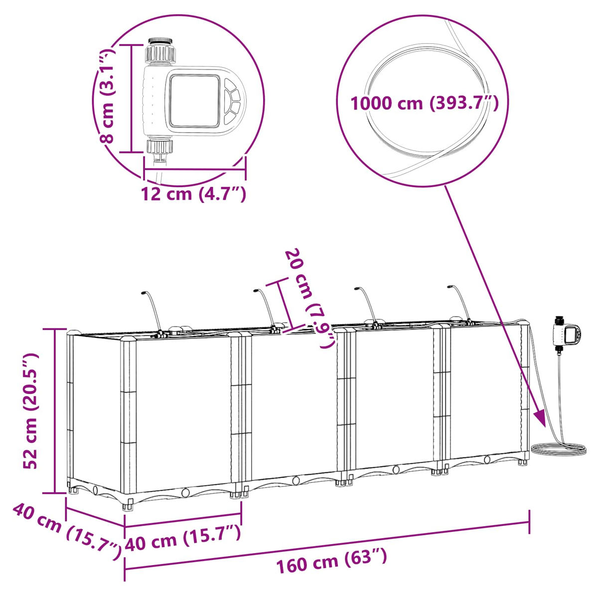 Diagramm zeigt Abmessungen eines 160cm langen, 52cm hohen, 40cm breiten Pools u. Timer.