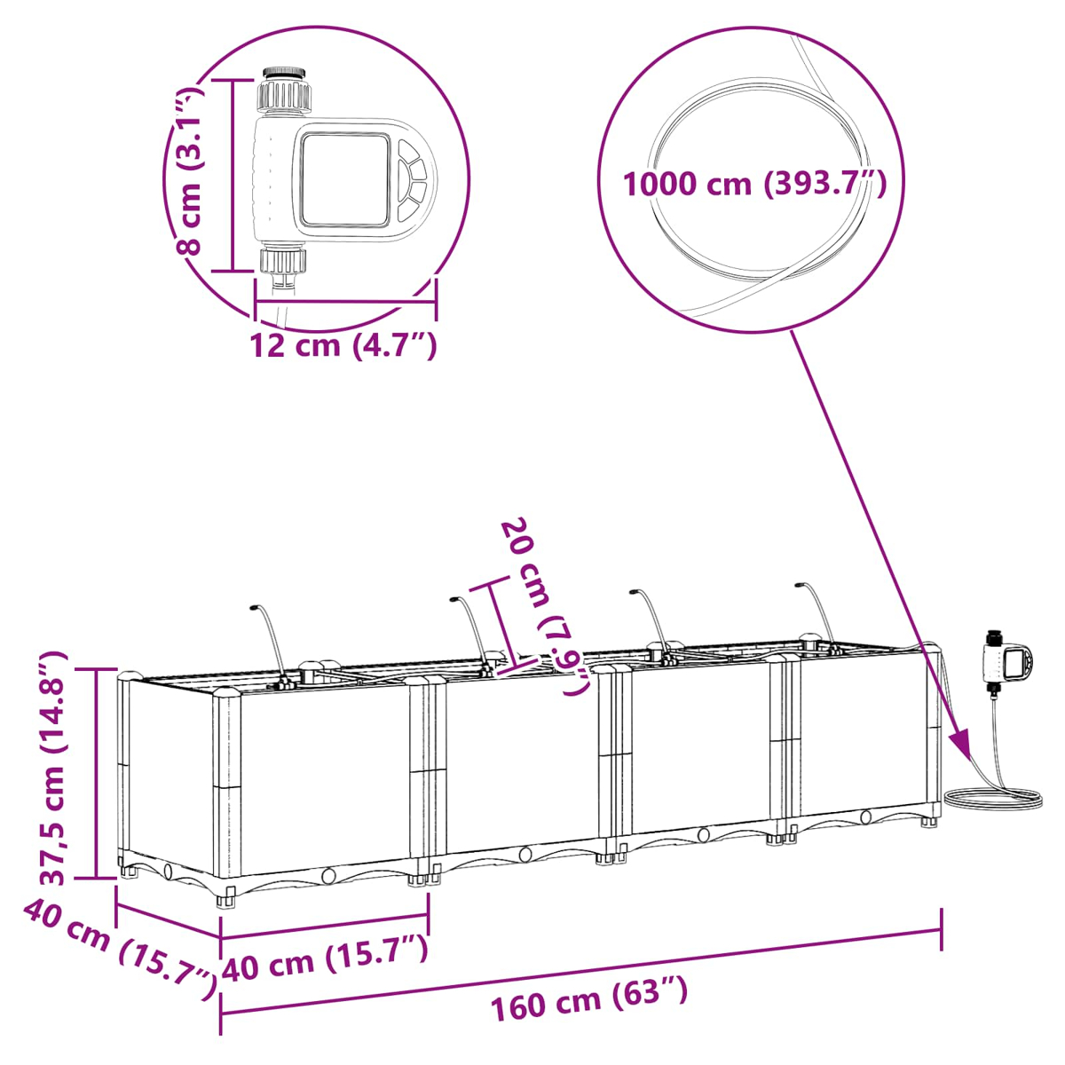 Dimensioni di un'aiuola rettangolare con timer e tubo da 1000cm.