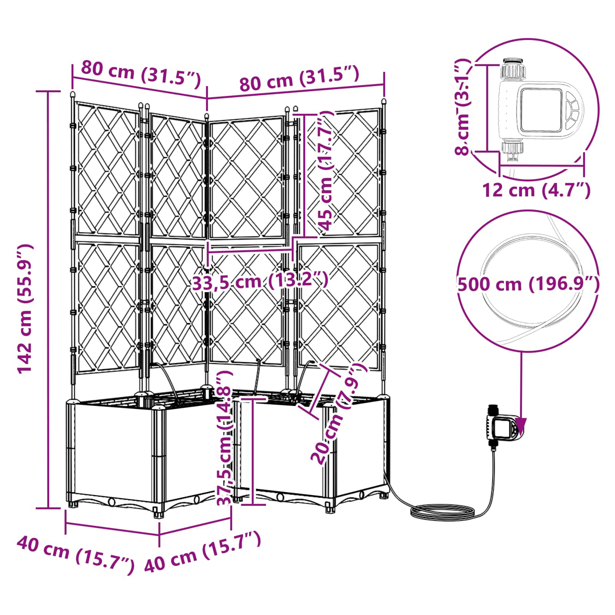 Trellis con fioriere e sistema di irrigazione. Dimensioni indicate.