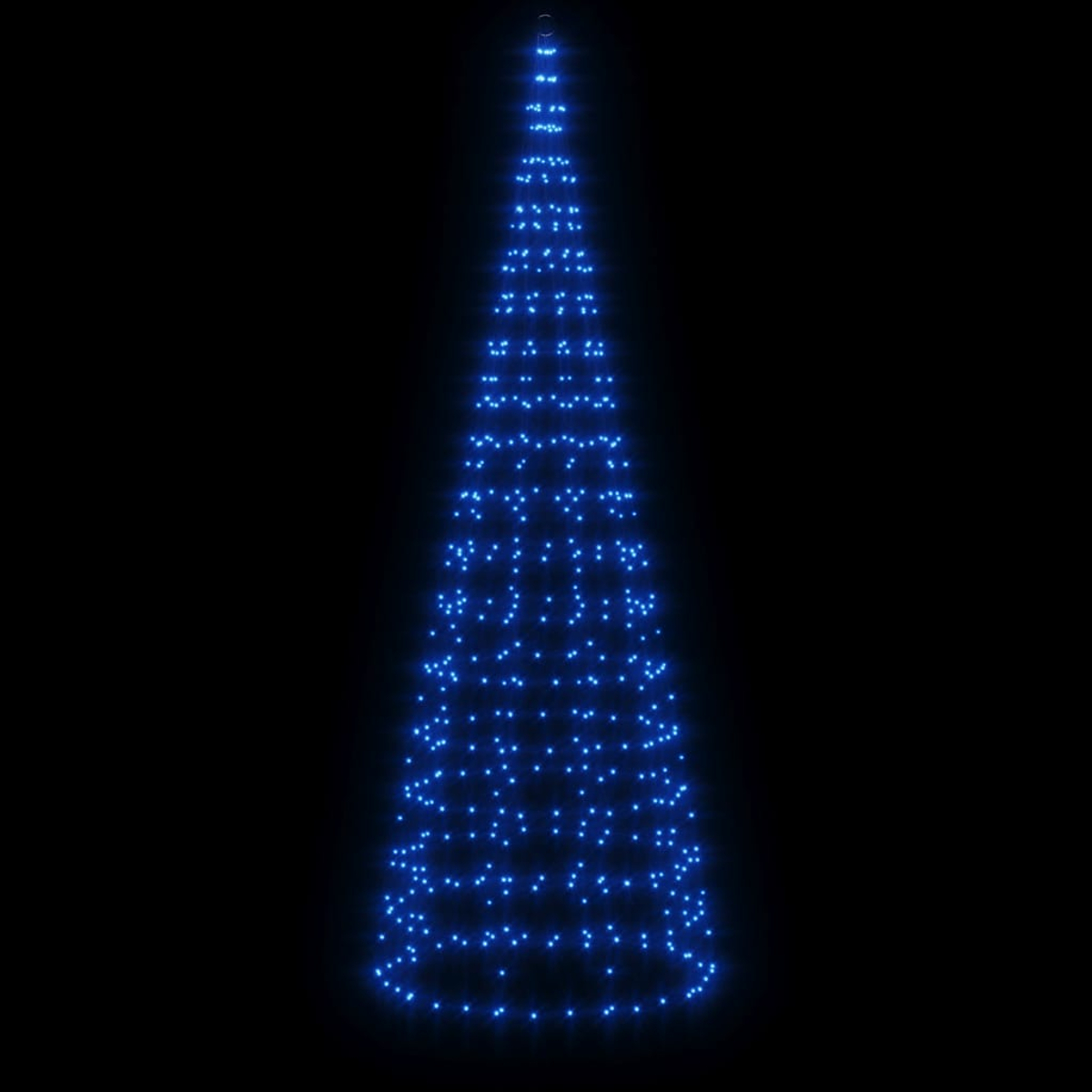 Ein kegelförmiger Weihnachtsbaum aus blauen Lichtern auf schwarzem Hintergrund.