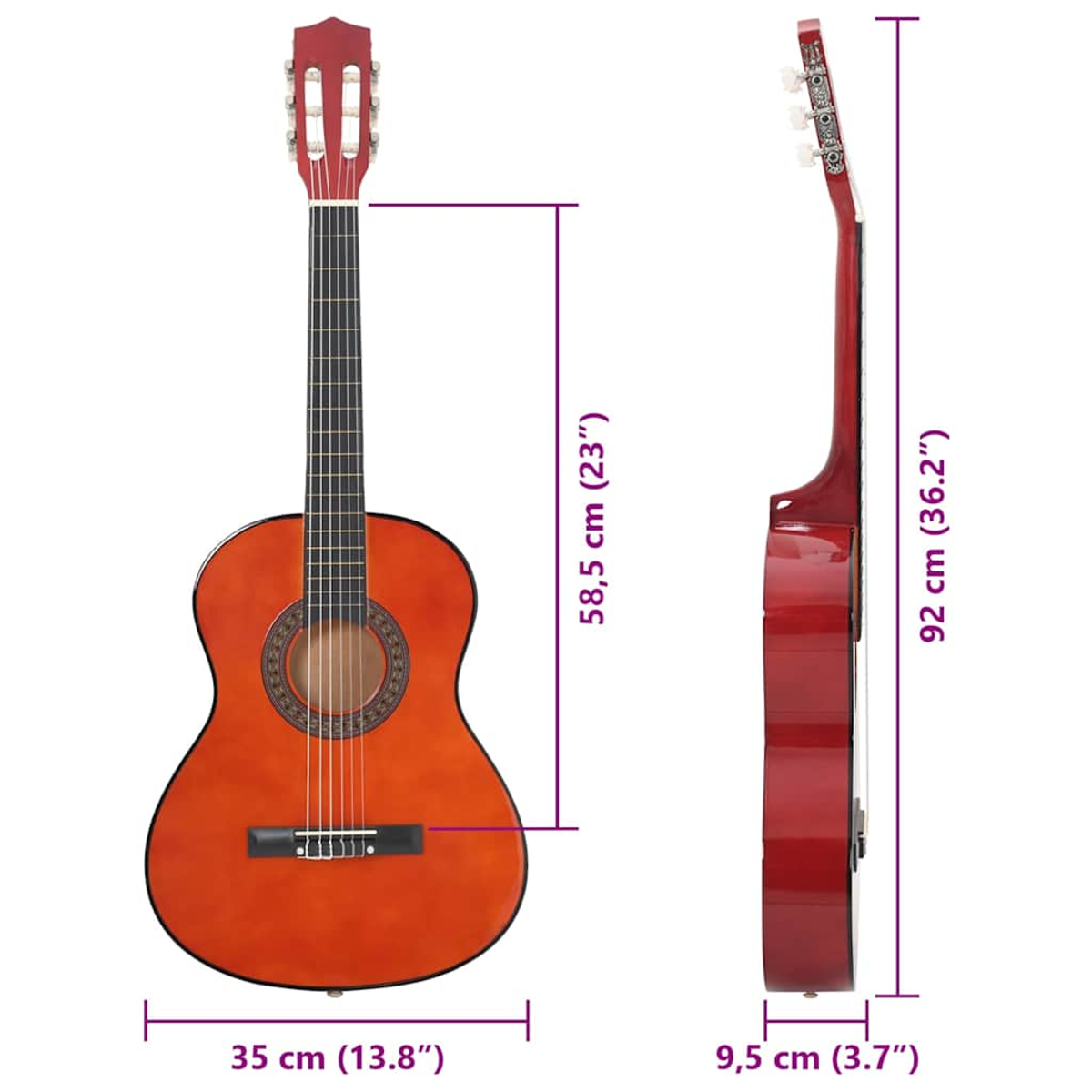 Eine rote Gitarre mit Maßen: Breite 35cm, Tiefe 9,5cm, Höhe 92cm.