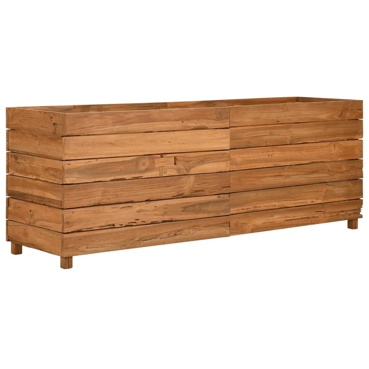 Lange, rechteckige Holz-Pflanzkiste aus braunen Holzplanken, auf kurzen Beinen.