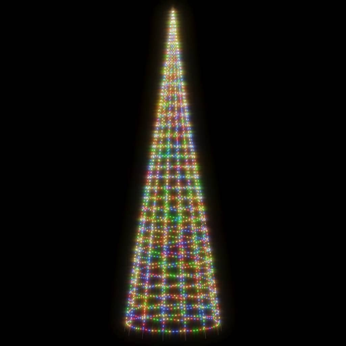 Ein konischer Weihnachtsbaum aus Lichterketten in Rot, Grün und Blau auf schwarzem Hintergrund.