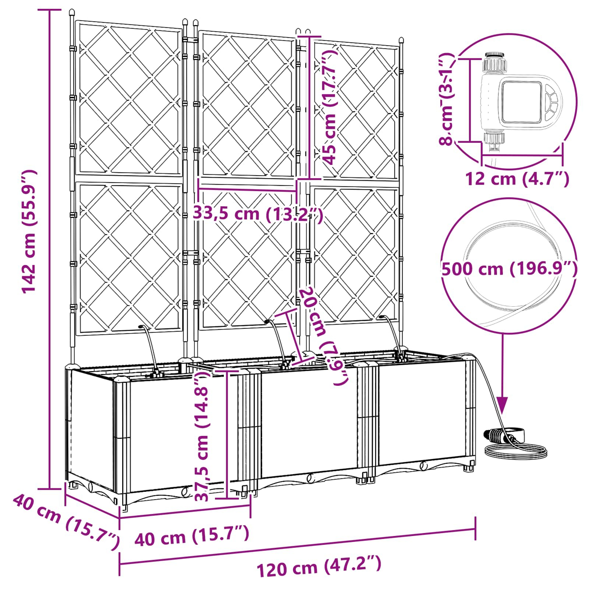 Diagramma di una fioriera con tralicci, che mostra dimensioni e un timer.