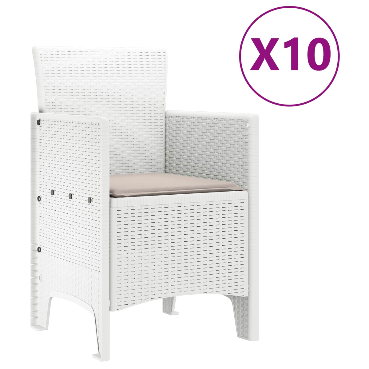 Ein weißer Rattanstuhl mit einem hellbraunen Sitzkissen, X10-Symbol.